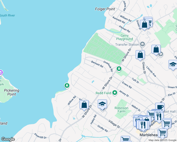 map of restaurants, bars, coffee shops, grocery stores, and more near 153 Jersey Street in Marblehead