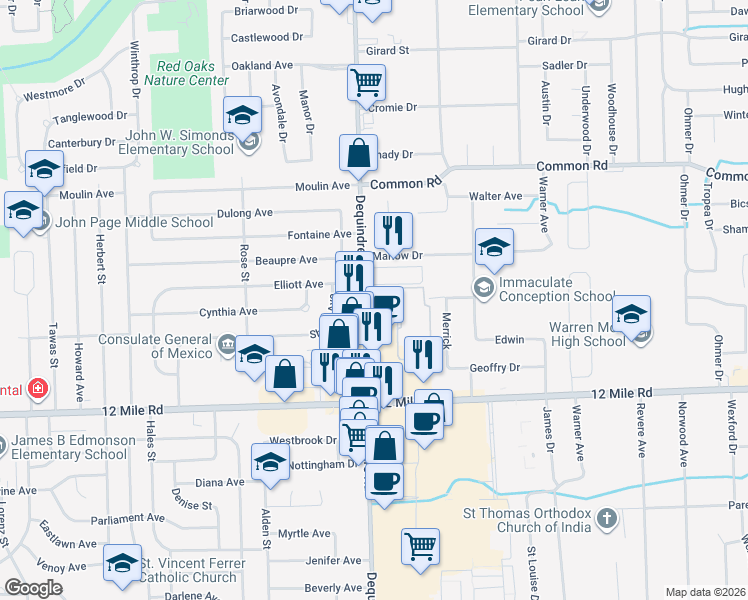 map of restaurants, bars, coffee shops, grocery stores, and more near 227727 Dequindre Road in Madison Heights