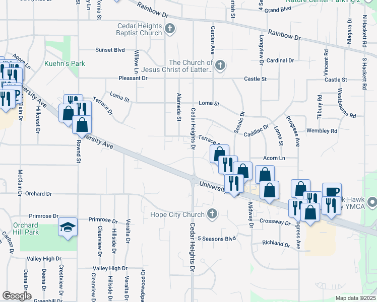 map of restaurants, bars, coffee shops, grocery stores, and more near 3301 Cedar Heights Drive in Cedar Falls