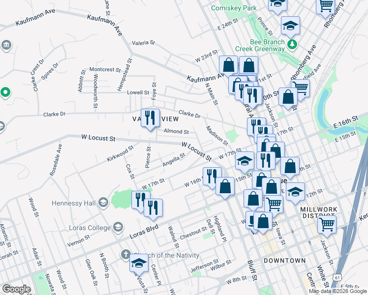 map of restaurants, bars, coffee shops, grocery stores, and more near 490 West Locust Street in Dubuque