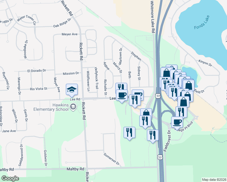 map of restaurants, bars, coffee shops, grocery stores, and more near 6429 Aldine in Brighton