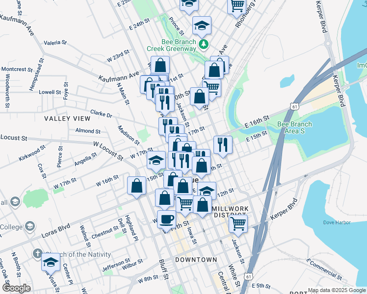 map of restaurants, bars, coffee shops, grocery stores, and more near 1600 White Street in Dubuque