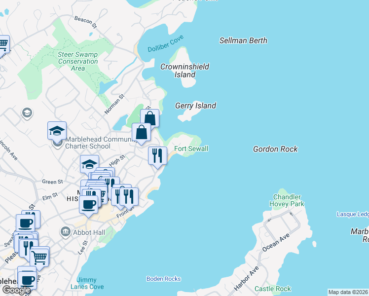 map of restaurants, bars, coffee shops, grocery stores, and more near 8 Fort Sewall Lane in Marblehead