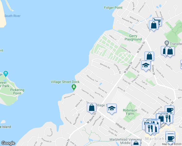 map of restaurants, bars, coffee shops, grocery stores, and more near 4 Stone Terrace in Marblehead
