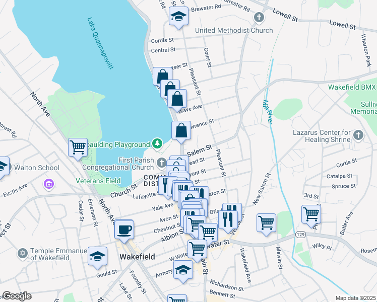 map of restaurants, bars, coffee shops, grocery stores, and more near 11 Salem Street in Wakefield