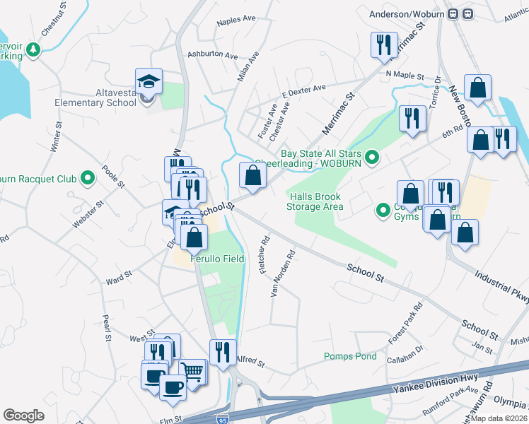 map of restaurants, bars, coffee shops, grocery stores, and more near 5 Mostika Road in Woburn