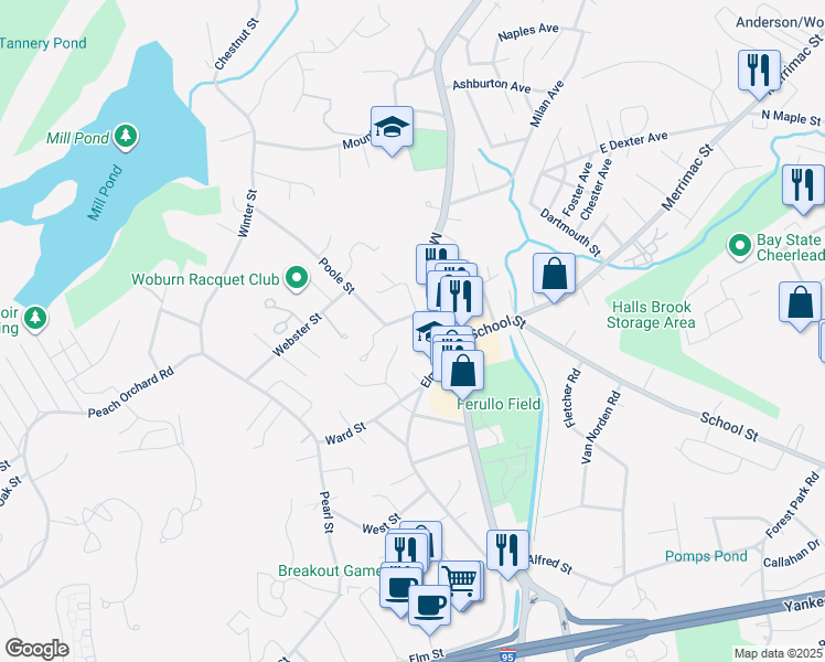 map of restaurants, bars, coffee shops, grocery stores, and more near 22 Nichols Street in Woburn