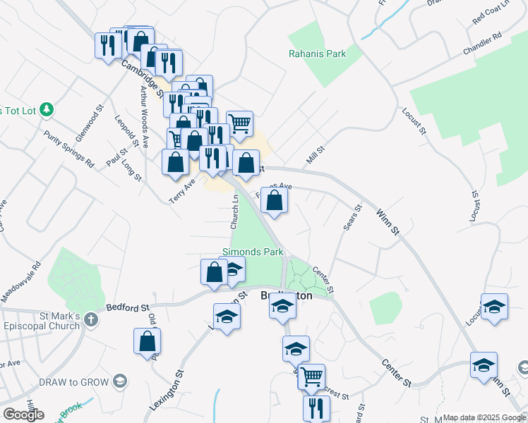 map of restaurants, bars, coffee shops, grocery stores, and more near 166 Cambridge Street in Burlington