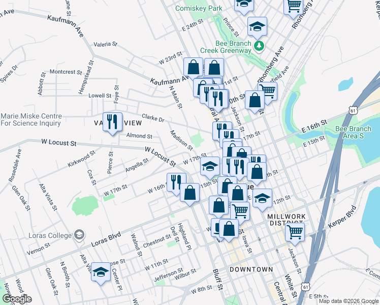 map of restaurants, bars, coffee shops, grocery stores, and more near 1745 Madison Street in Dubuque