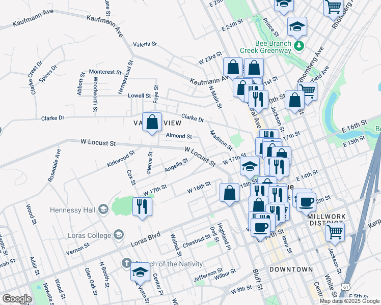 map of restaurants, bars, coffee shops, grocery stores, and more near 490 West Locust Street in Dubuque