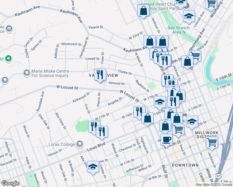 map of restaurants, bars, coffee shops, grocery stores, and more near 546 West Locust Street in Dubuque
