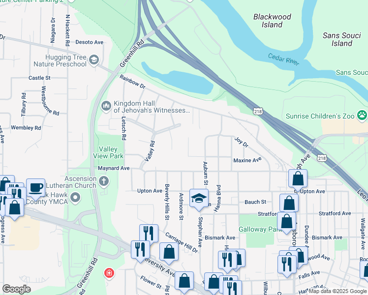map of restaurants, bars, coffee shops, grocery stores, and more near 228 Zachary Court in Waterloo