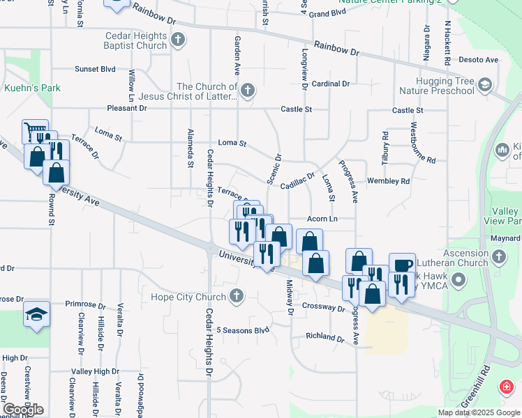 map of restaurants, bars, coffee shops, grocery stores, and more near 3228 Scenic Drive in Cedar Falls