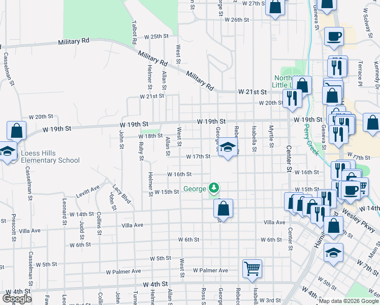 map of restaurants, bars, coffee shops, grocery stores, and more near 1601-1641 W 17th St in Sioux City