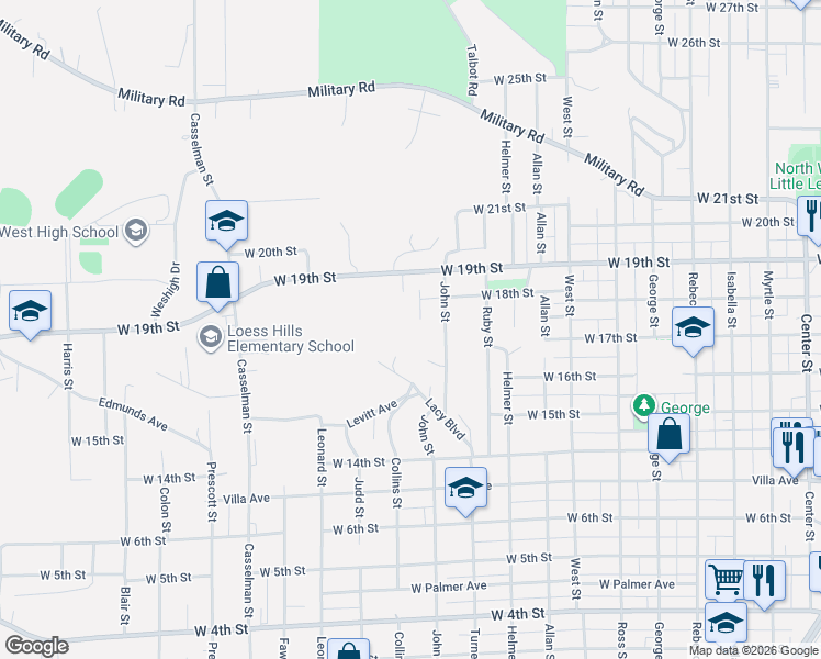 map of restaurants, bars, coffee shops, grocery stores, and more near 1751 Harkin Place in Sioux City