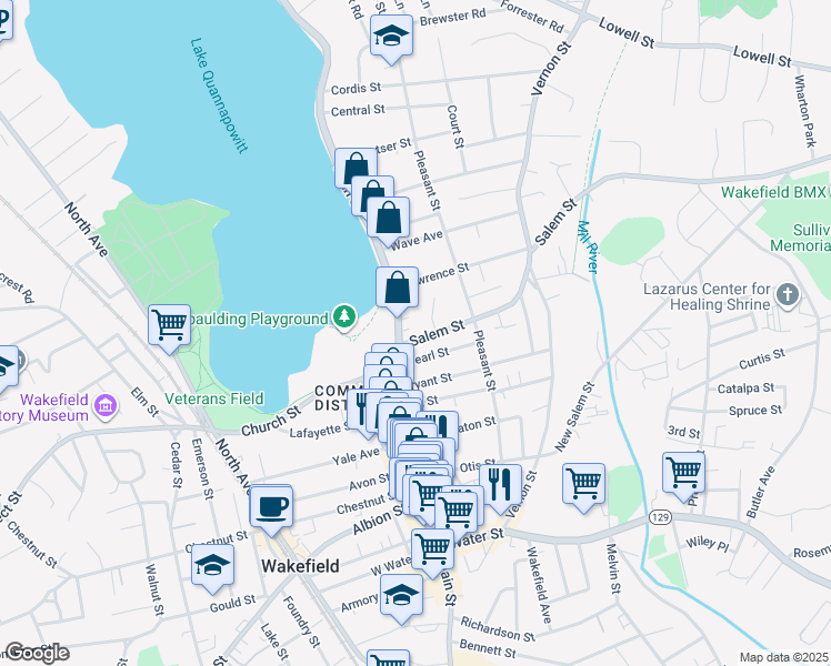 map of restaurants, bars, coffee shops, grocery stores, and more near 7 Salem Street in Wakefield
