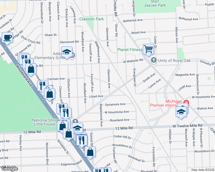 map of restaurants, bars, coffee shops, grocery stores, and more near 1803 Bonnie View Drive in Royal Oak
