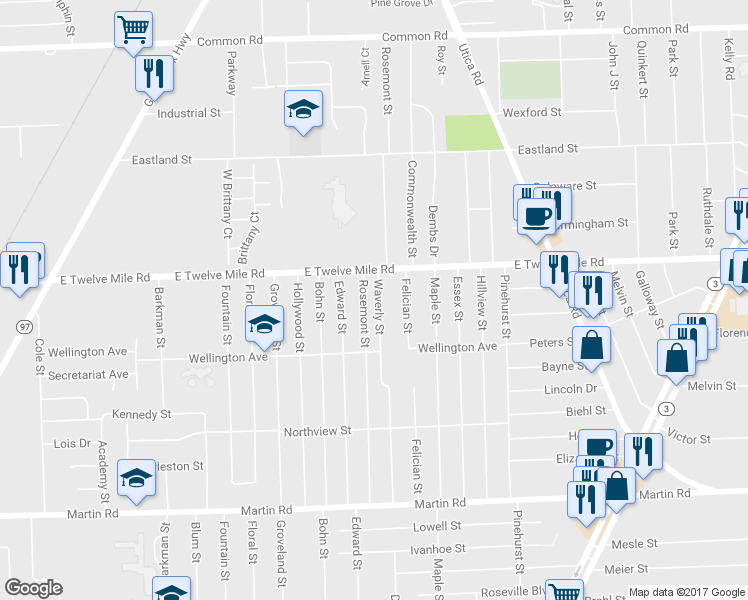 map of restaurants, bars, coffee shops, grocery stores, and more near 28855 Waverly Street in Roseville