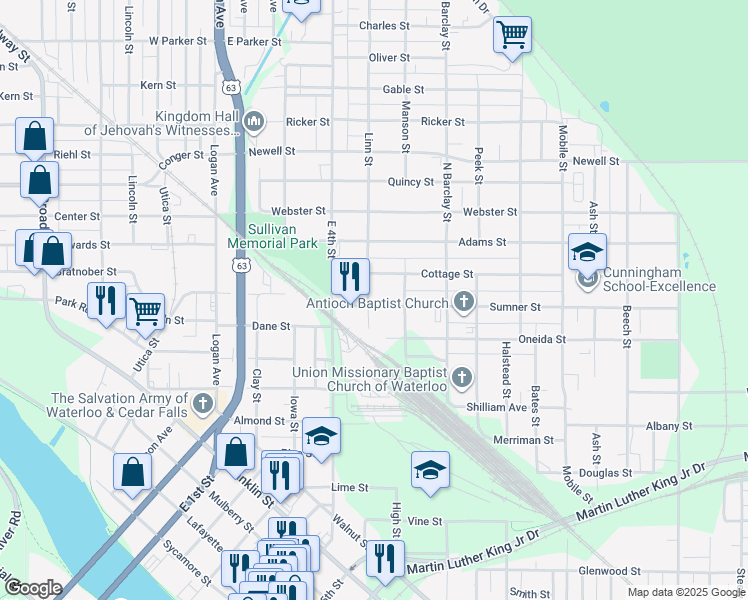 map of restaurants, bars, coffee shops, grocery stores, and more near 203 Sumner Street in Waterloo