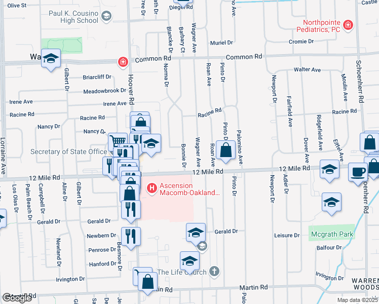 map of restaurants, bars, coffee shops, grocery stores, and more near 29134 Bonnie Drive in Warren