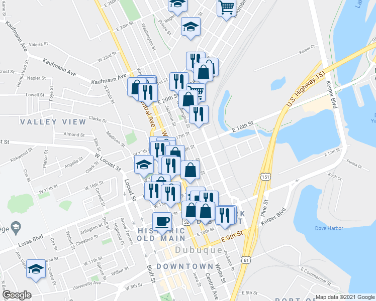 map of restaurants, bars, coffee shops, grocery stores, and more near 1598 Jackson Street in Dubuque