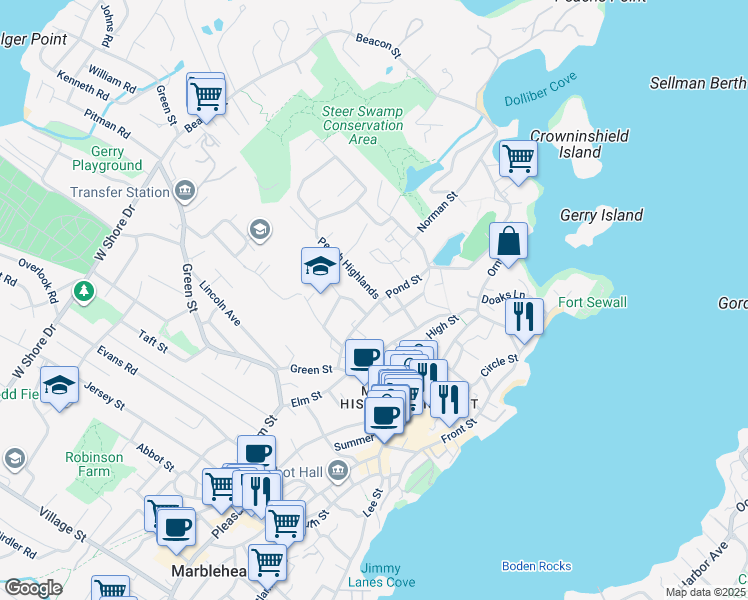 map of restaurants, bars, coffee shops, grocery stores, and more near 30 Pond Street in Marblehead