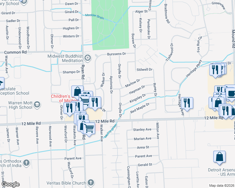 map of restaurants, bars, coffee shops, grocery stores, and more near 29318 Orvylle Drive in Warren
