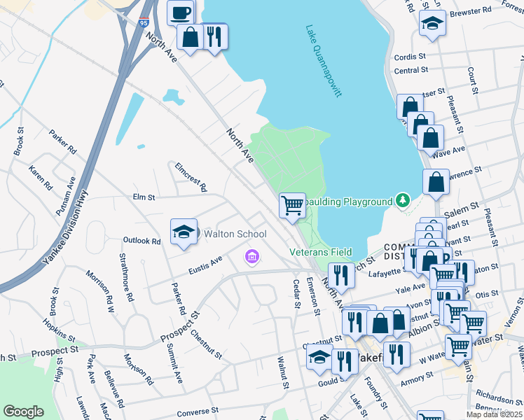 map of restaurants, bars, coffee shops, grocery stores, and more near 12 Elm Square in Wakefield