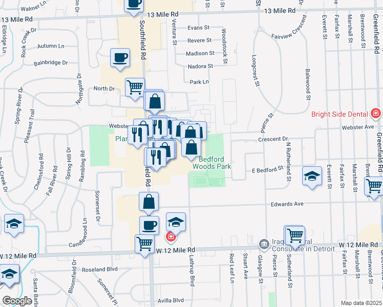map of restaurants, bars, coffee shops, grocery stores, and more near 29712 Southfield Road in Southfield