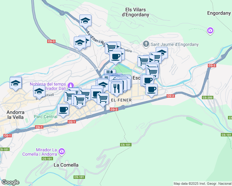 map of restaurants, bars, coffee shops, grocery stores, and more near 107 Avinguda Carlemany in Escaldes-Engordany