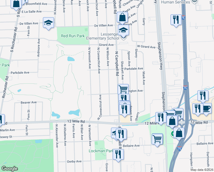 map of restaurants, bars, coffee shops, grocery stores, and more near 2129 North Wilson Avenue in Royal Oak