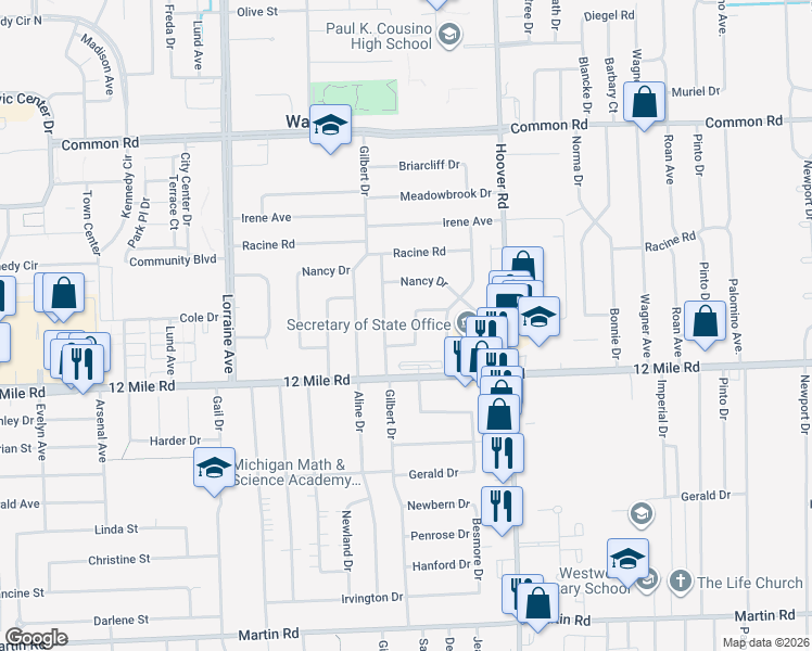 map of restaurants, bars, coffee shops, grocery stores, and more near 29148 Gilbert Drive in Warren