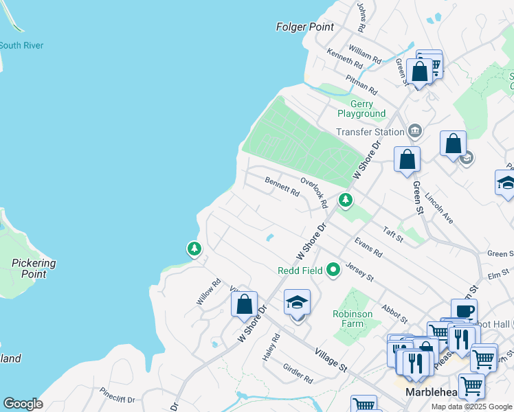 map of restaurants, bars, coffee shops, grocery stores, and more near 153 Jersey Street in Marblehead