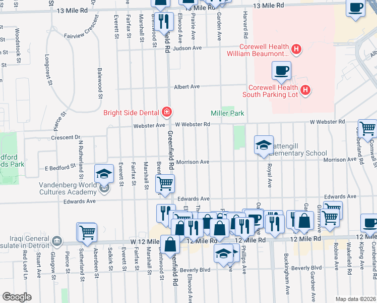 map of restaurants, bars, coffee shops, grocery stores, and more near 4096 Ellwood Avenue in Berkley