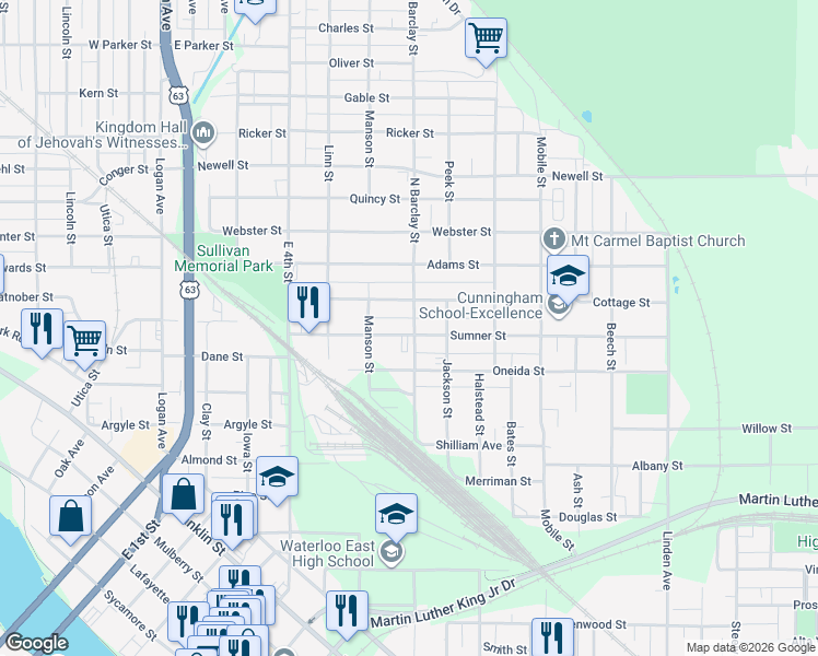 map of restaurants, bars, coffee shops, grocery stores, and more near 339 Sumner Street in Waterloo