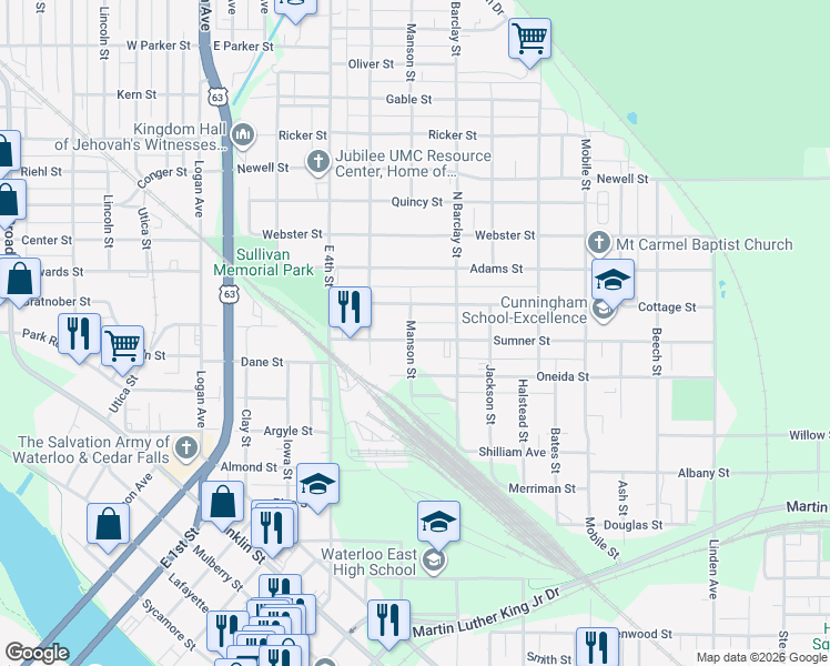 map of restaurants, bars, coffee shops, grocery stores, and more near 305 Sumner Street in Waterloo