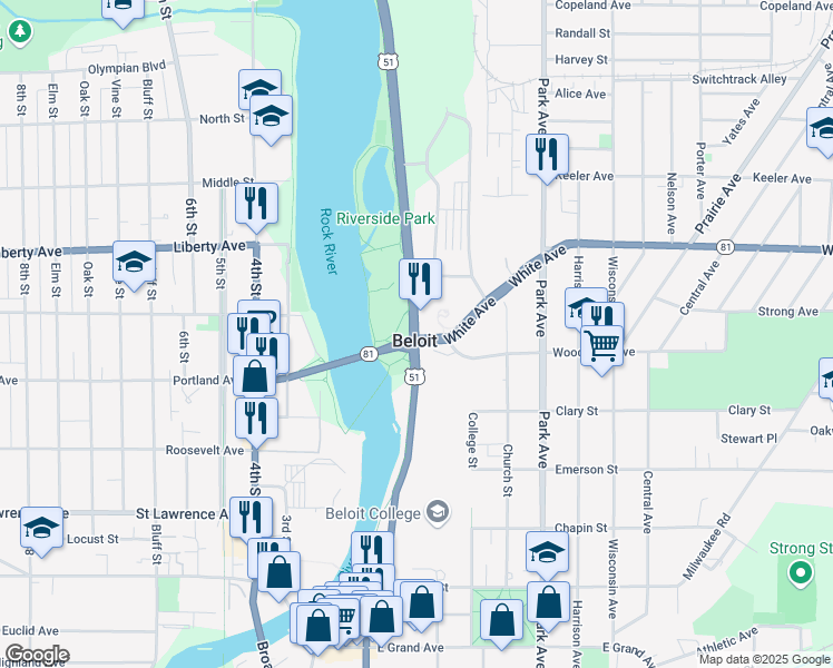 map of restaurants, bars, coffee shops, grocery stores, and more near 1005 Pleasant Street in Beloit
