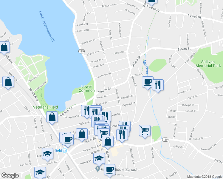 map of restaurants, bars, coffee shops, grocery stores, and more near 26 Salem Street in Wakefield