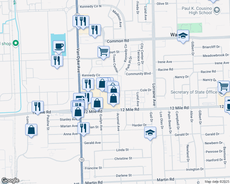 map of restaurants, bars, coffee shops, grocery stores, and more near 8393 Twelve Mile Road in Warren