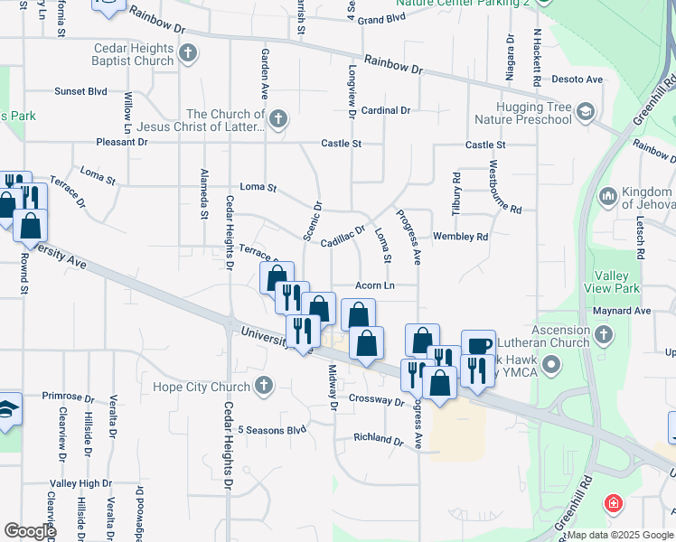 map of restaurants, bars, coffee shops, grocery stores, and more near 3228 Midway Drive in Waterloo