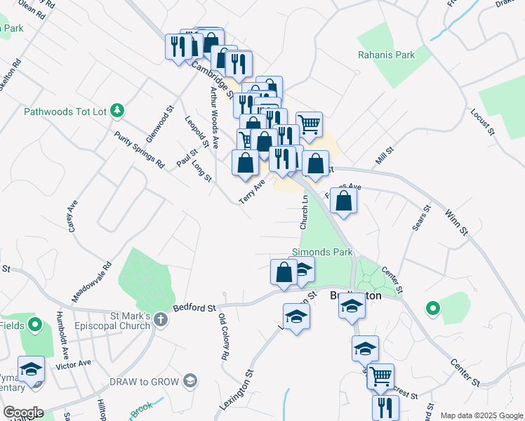 map of restaurants, bars, coffee shops, grocery stores, and more near in Burlington