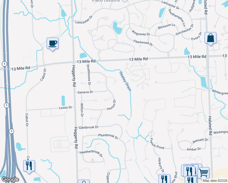 map of restaurants, bars, coffee shops, grocery stores, and more near 38609 Horton Drive in Farmington Hills