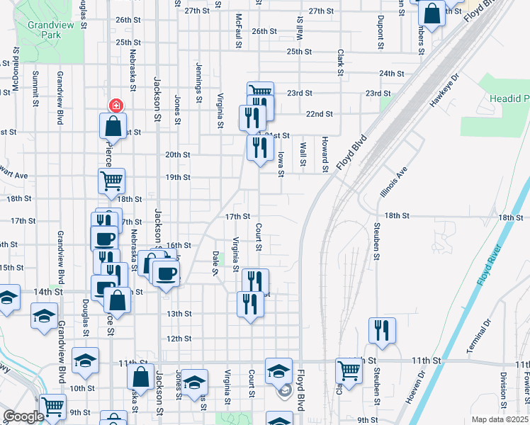 map of restaurants, bars, coffee shops, grocery stores, and more near 1700 Court Street in Sioux City