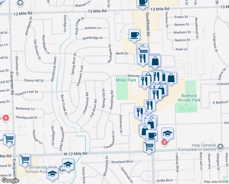 map of restaurants, bars, coffee shops, grocery stores, and more near 29868 Rambling Road in Southfield