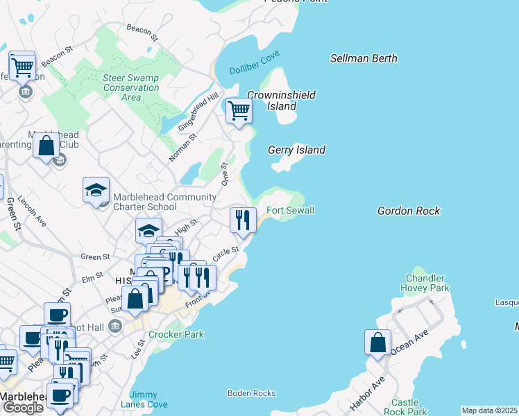 map of restaurants, bars, coffee shops, grocery stores, and more near 1 Fort Beach Way in Marblehead