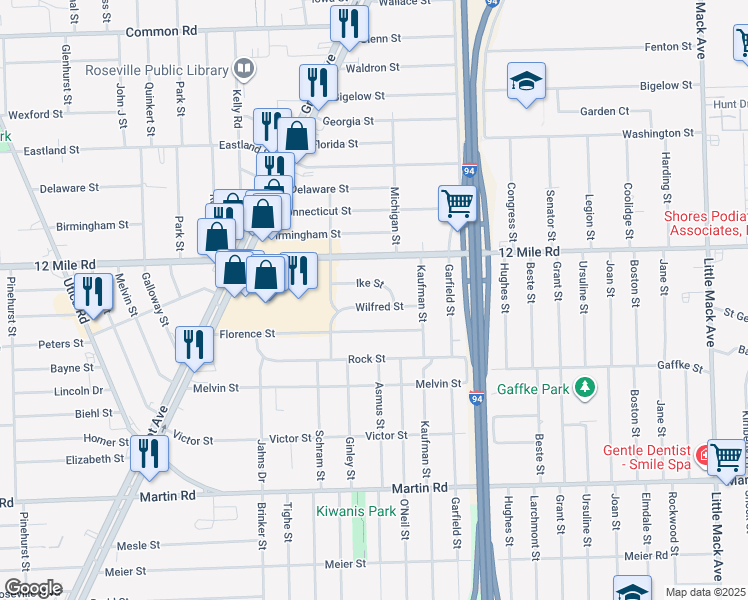map of restaurants, bars, coffee shops, grocery stores, and more near 19191 Wilfred Street in Roseville