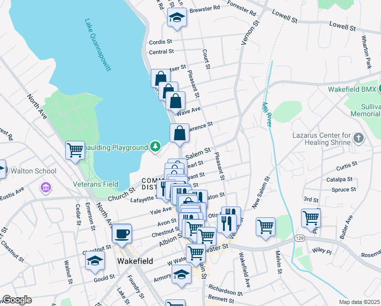 map of restaurants, bars, coffee shops, grocery stores, and more near 9 Salem Street in Wakefield