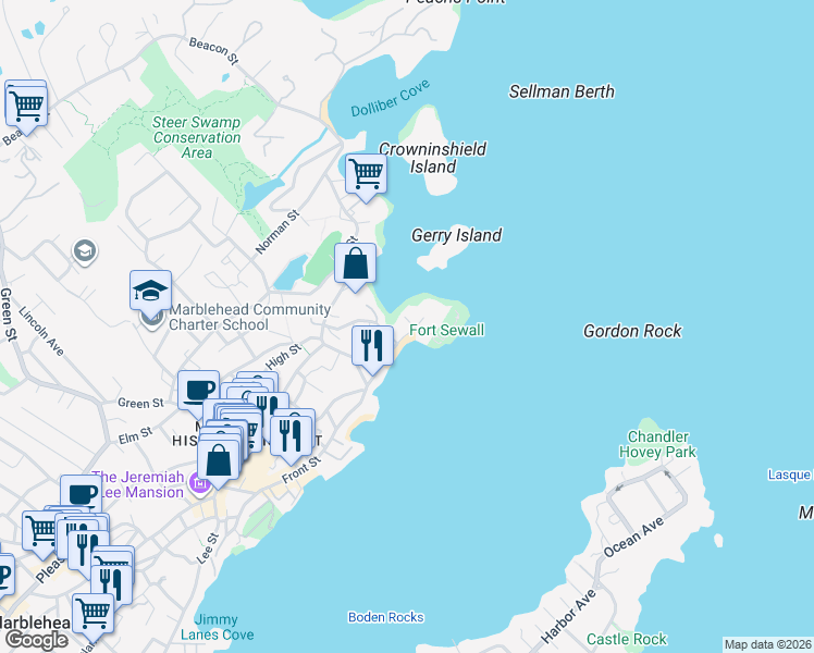 map of restaurants, bars, coffee shops, grocery stores, and more near 1 Fort Beach Way in Marblehead