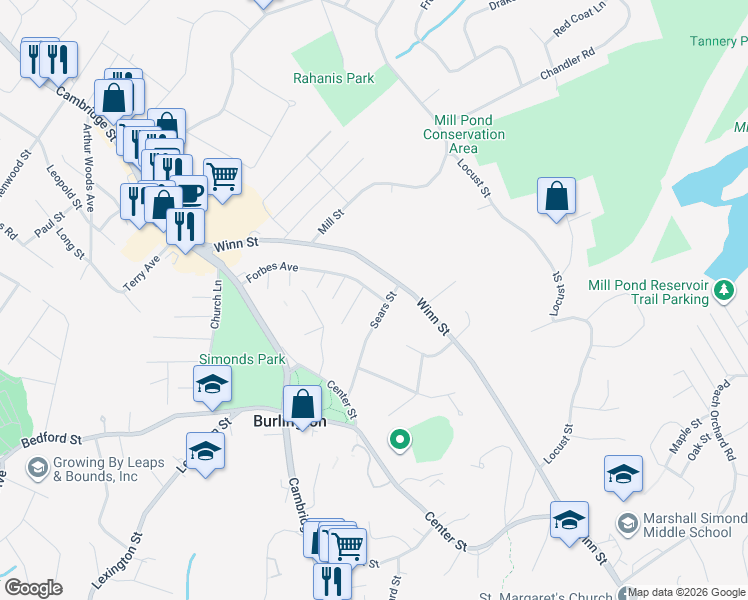 map of restaurants, bars, coffee shops, grocery stores, and more near 5 Sears Street in Burlington