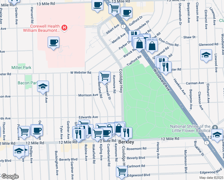 map of restaurants, bars, coffee shops, grocery stores, and more near 4065 Kenmore Road in Berkley